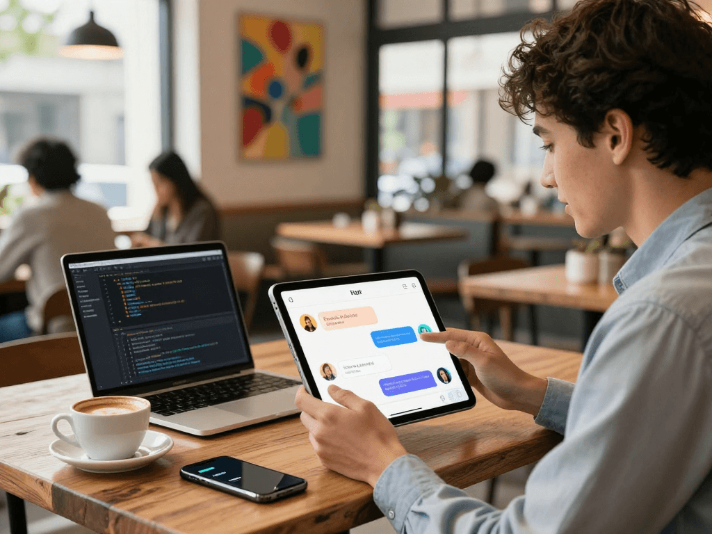 Engaged user interacting with spicy chat AI on a tablet in a modern café.