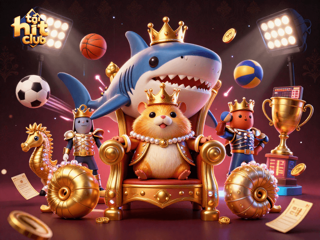 Experience the thrill of downloading tải hit club with a dynamic scene featuring a golden hamster king and sports elements.