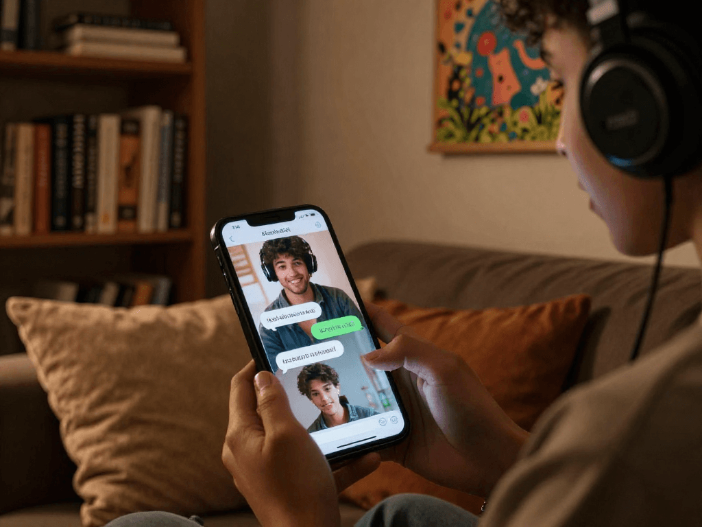 Engaging with sex AI on a smartphone in a cozy room, showcasing interactive chat features.
