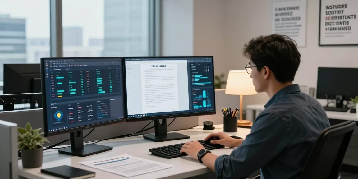 Document fraud detection analysis in a modern office setting with advanced software interface, highlighting the importance of security.