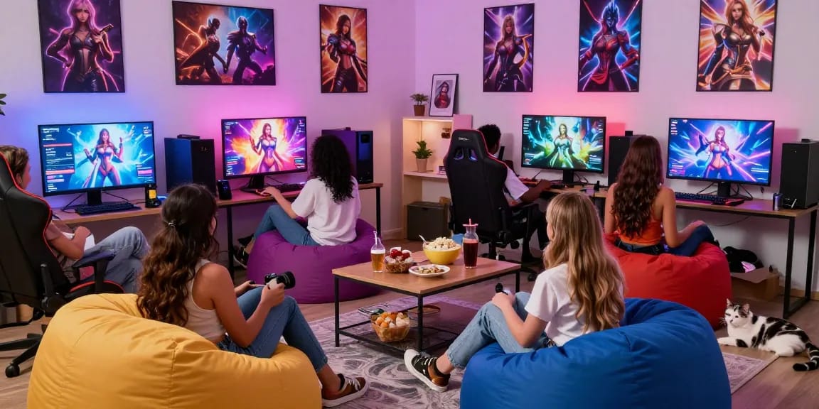 Female porn game gaming scene with diverse female players enjoying immersive experiences, cozy home setting.