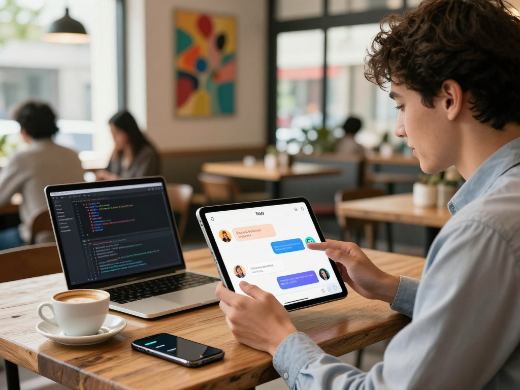 Engaged user interacting with spicy chat AI on a tablet in a modern café.
