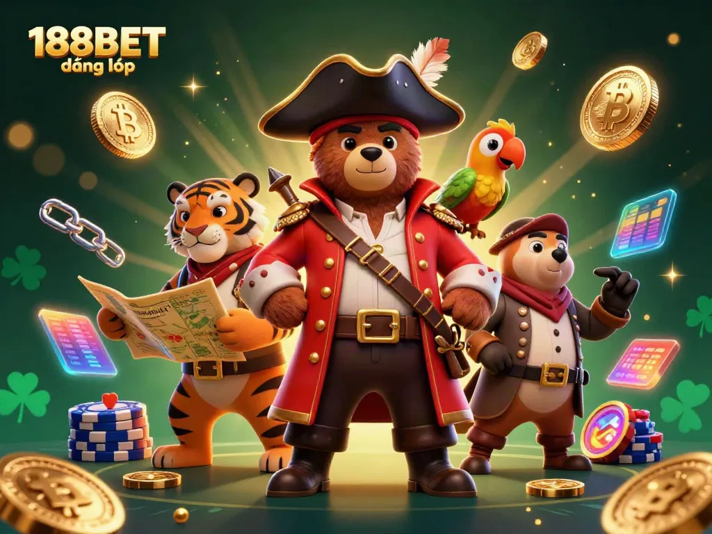 Experience the thrill of gambling with 188BET đăng nhập in a vibrant 3D casino scene featuring a cartoon pirate bear.