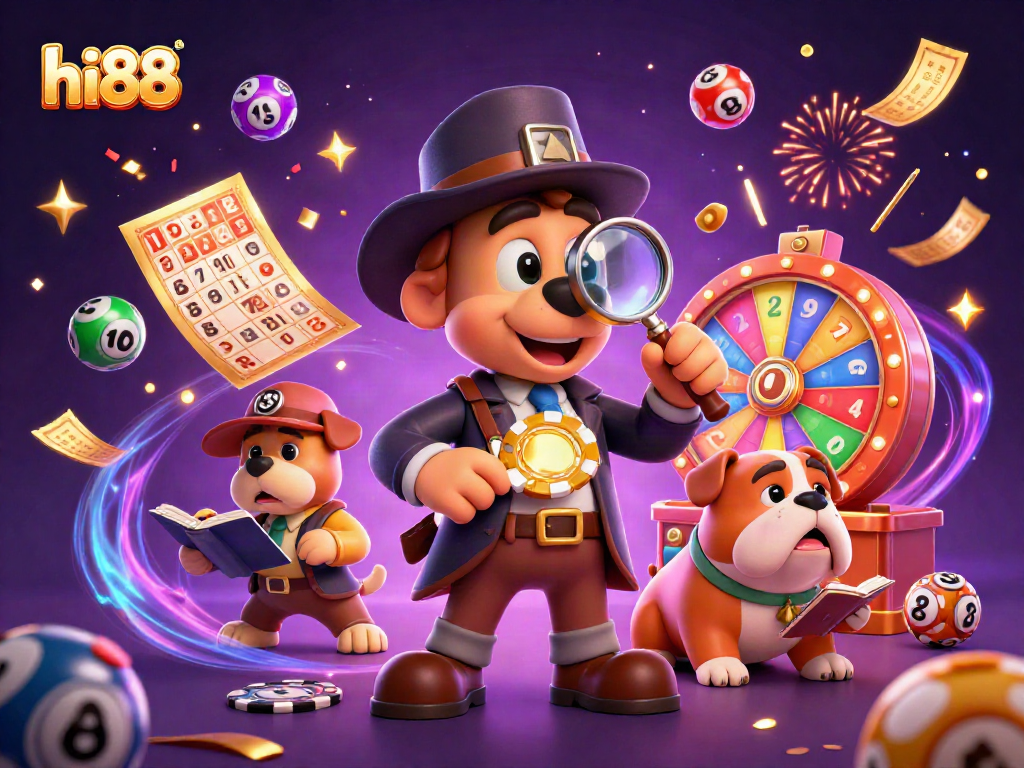 Engage with hi88's thrilling lottery action featuring a detective and vibrant games.