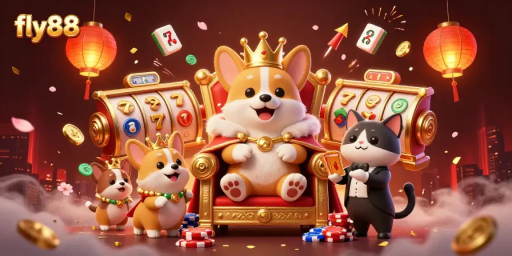 Experience the excitement of fly88 with a royal corgi on a throne of poker chips amidst vibrant casino elements.