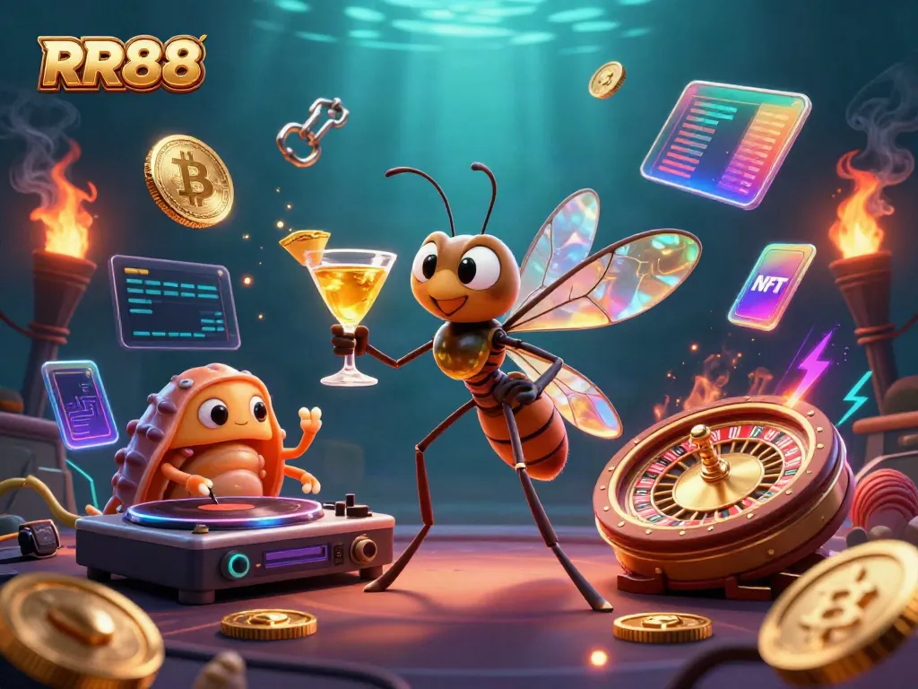 Join the RR88 action with a lively casino scene featuring unique 3D characters and vibrant game elements.
