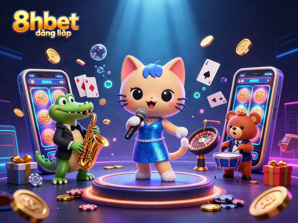 Engage in the vibrant world of 8xbet đăng nhập with lively characters on a detailed casino stage surrounded by exciting gaming elements.