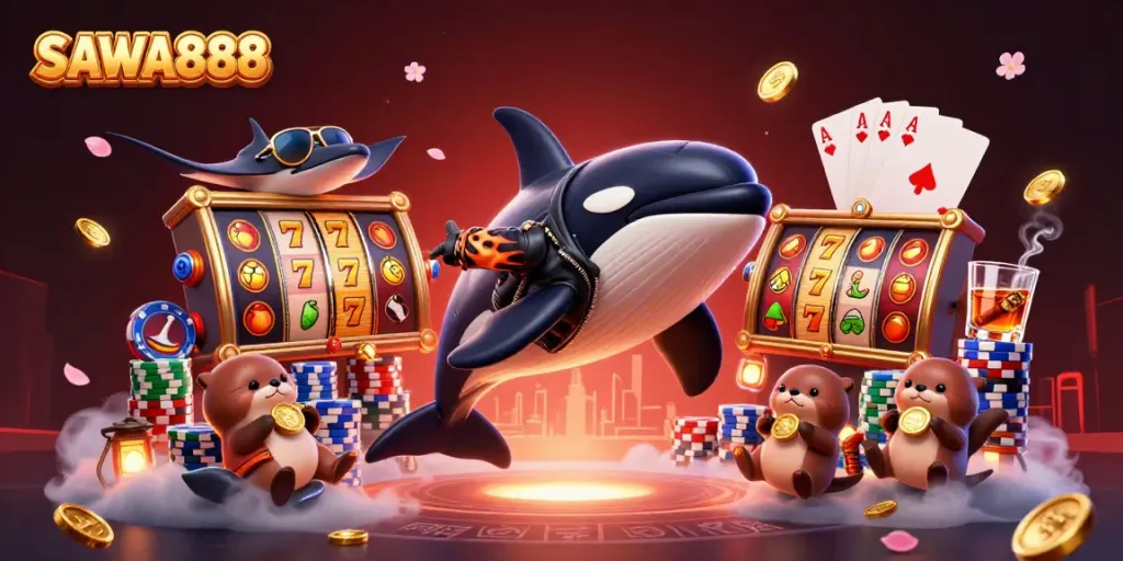 Play thrilling slots with SAWA888 featuring colorful characters and vibrant casino elements.