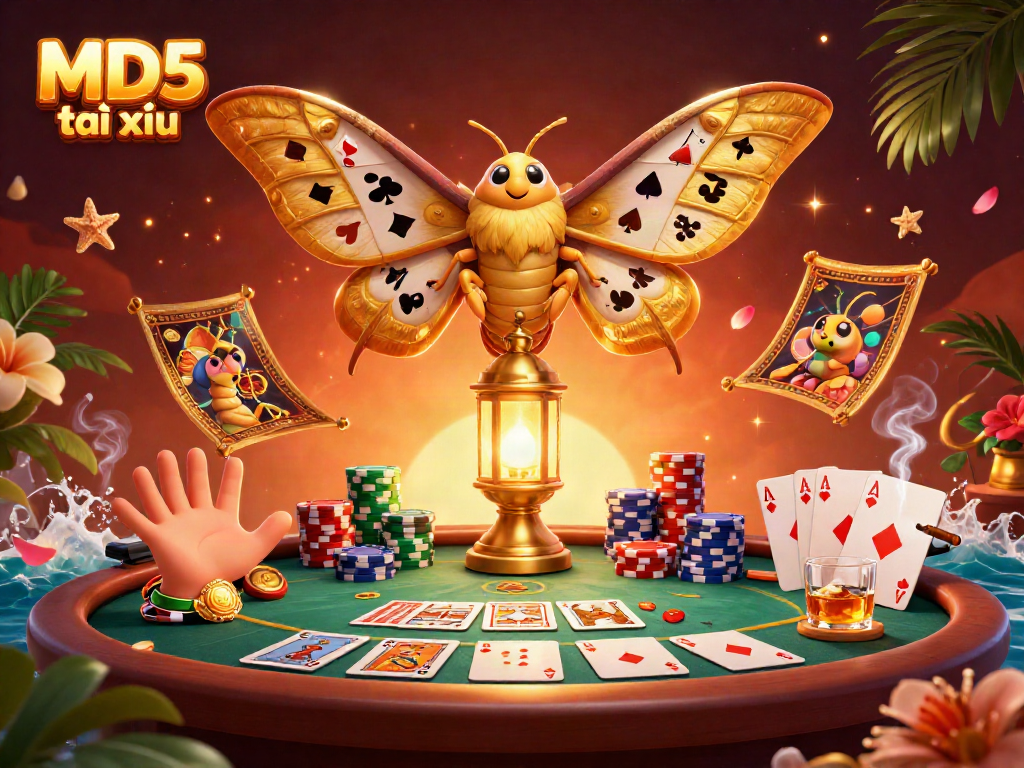 Visualize MD5 tài xỉu through a vibrant casino scene featuring a golden moth with playing card wings and rich gaming elements.