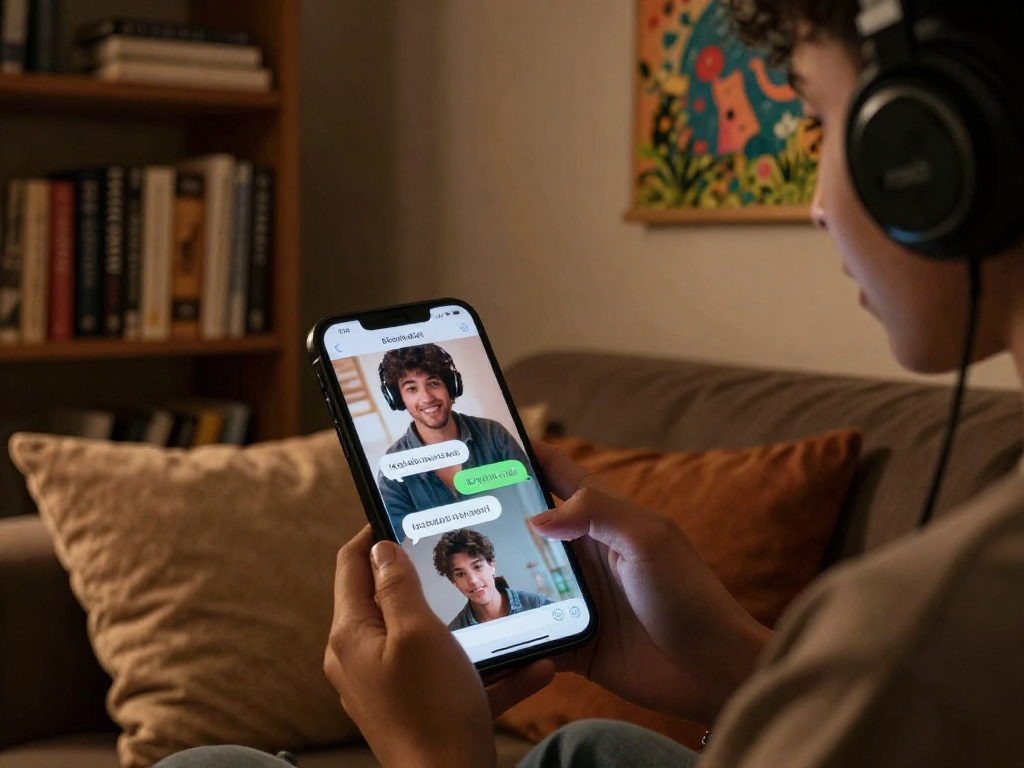 Engaging with sex AI on a smartphone in a cozy room, showcasing interactive chat features.