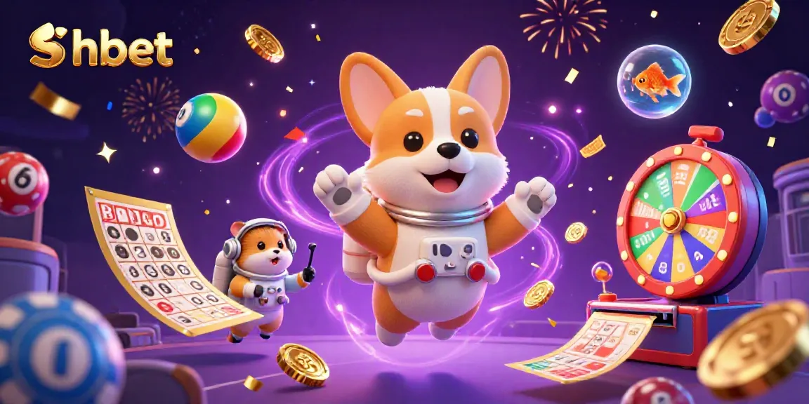 Engage in shbet thrilling casino games with a floating astronaut corgi and vibrant elements.