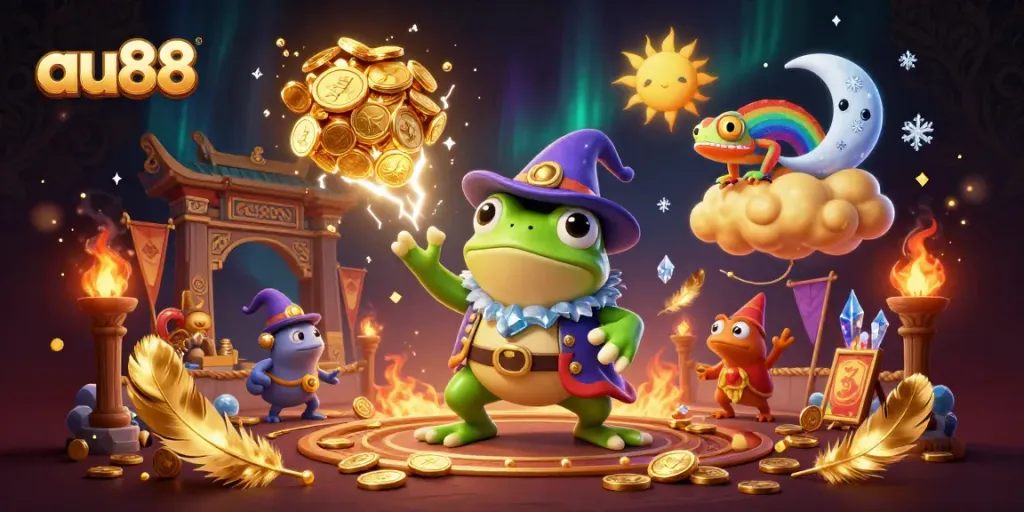 Experience the excitement at au88 with a whimsical illustration of a weather wizard frog, golden coins, and a rainbow chameleon.