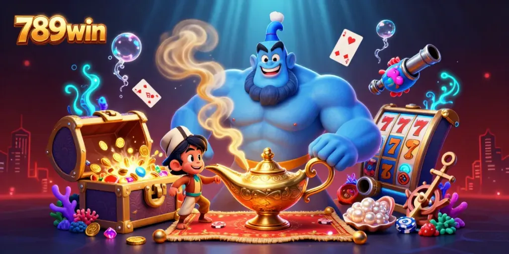 Engage with thrilling slot adventures at 789win, featuring an energetic genie, treasures, and vibrant game elements.