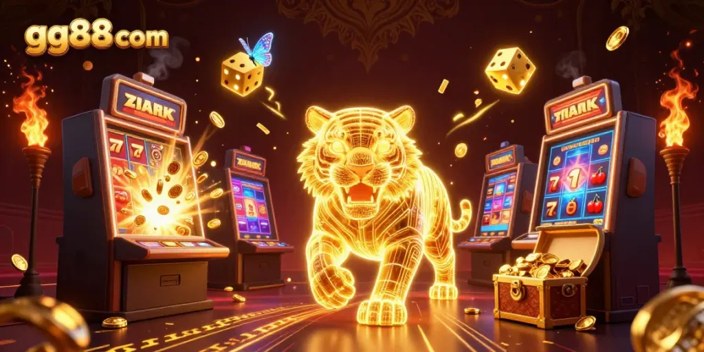 Experience thrilling gaming at gg88 com with this vibrant 3D scene featuring a golden tiger and exciting casino elements.
