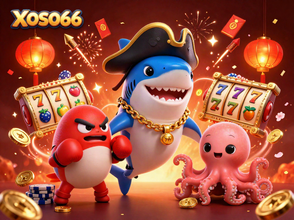 XOSO66 showcases a vibrant 3D casino scene with a pirate shark, pufferfish, and octopus in action.