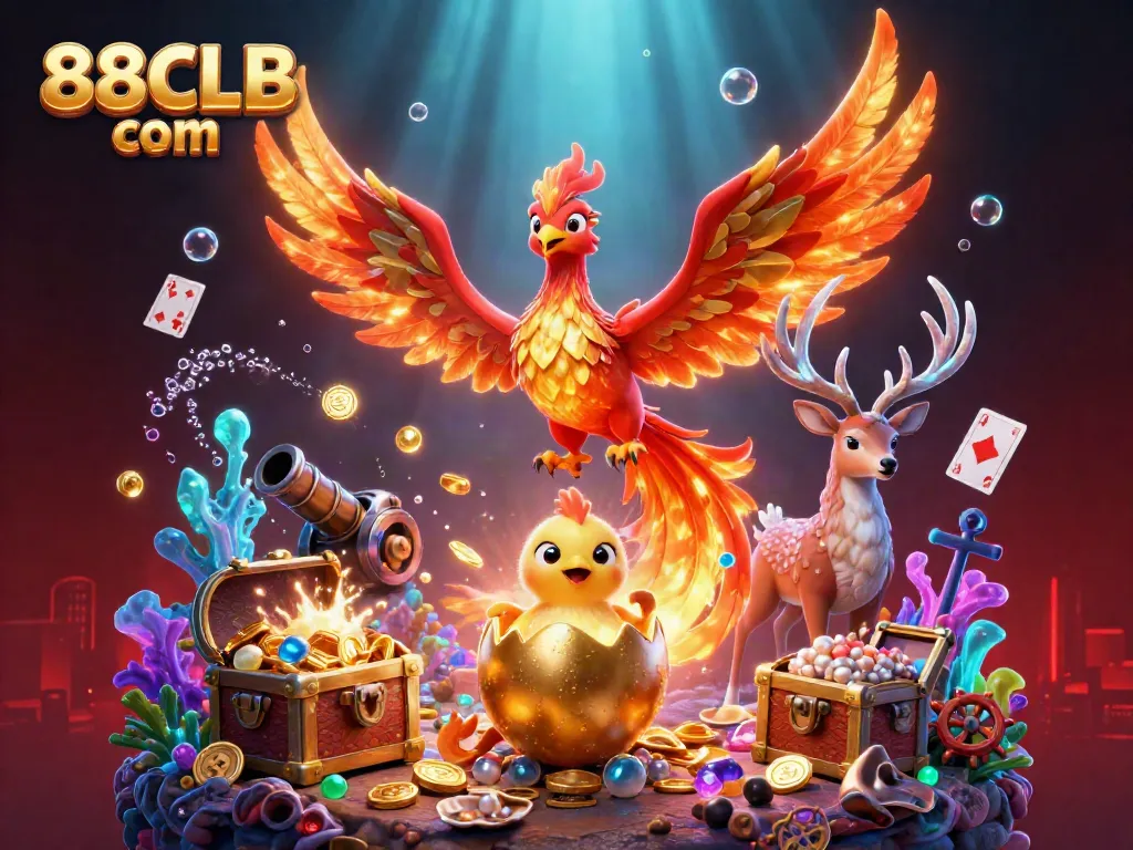 Bet on the dynamic excitement of 88CLB com with a vibrant 3D casino scene featuring a phoenix and gaming elements.