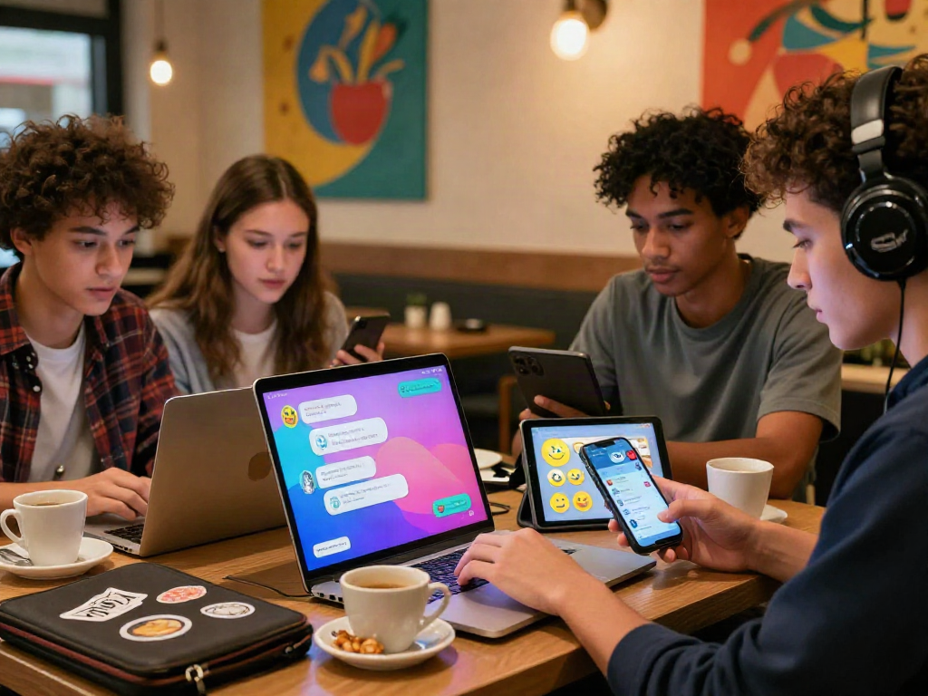 Group enjoying spicy chat AI in a vibrant coffee shop, showcasing digital interaction and modern technology.
