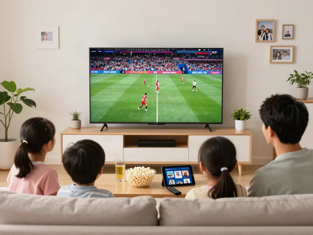 Family enjoying Miglior IPTV on a large screen in a cozy living room.