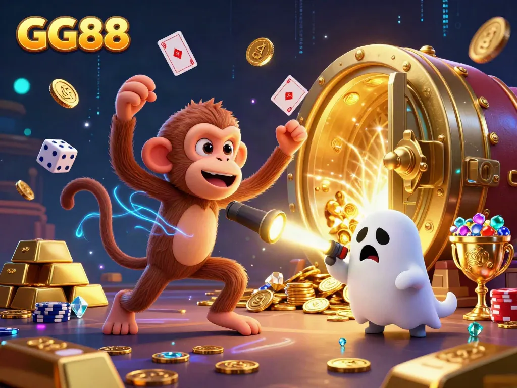 Experience the thrill of GG88 with a playful monkey and a ghost-hunter puppy in a dazzling casino scene.