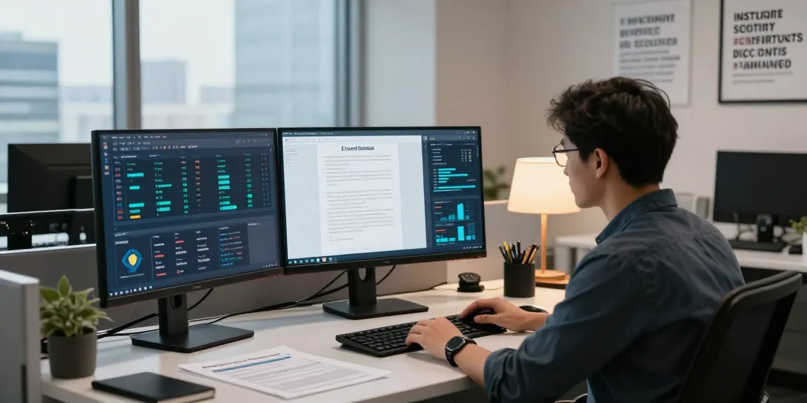 Document fraud detection analysis in a modern office setting with advanced software interface, highlighting the importance of security.