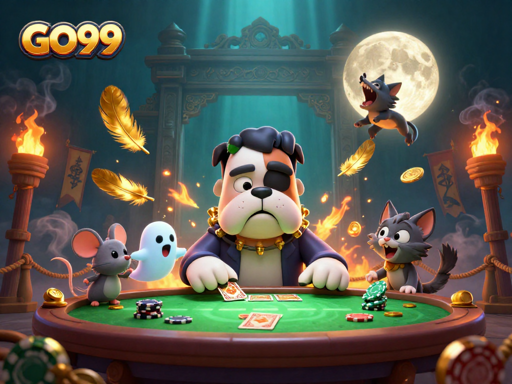 GO99 showcases a vibrant 3D scene of a bulldog monster dealing cards amidst ghostly chips and casino elements.