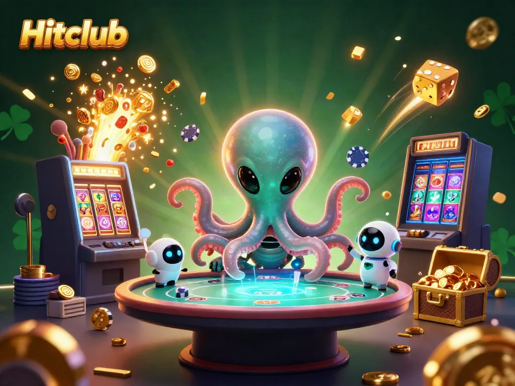 Hitclub: Engage with a dynamic scene of an alien octopus hosting a holographic poker game amidst a vibrant casino atmosphere.