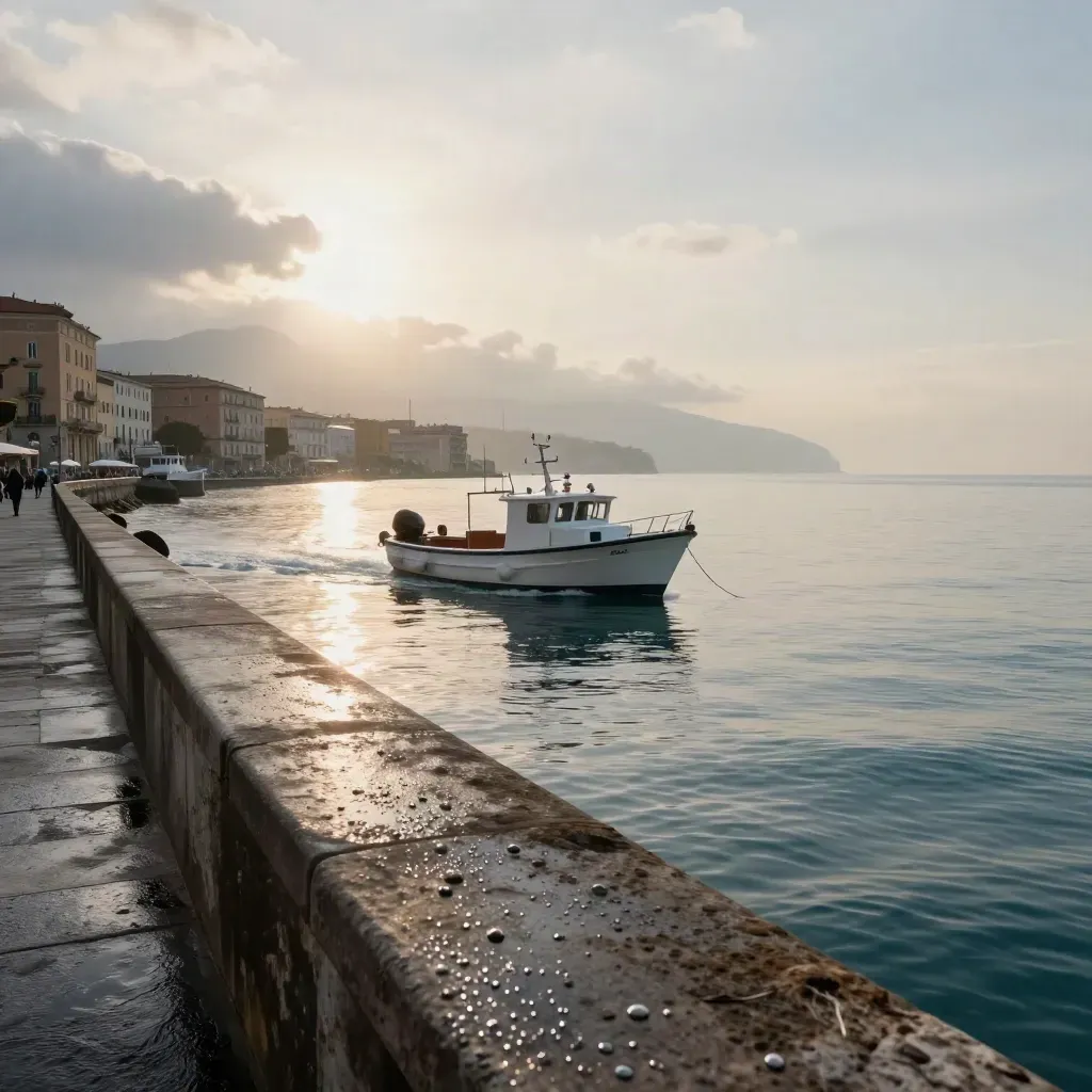 Lungomare di Salerno all’alba, barca bianca e banchina bagnata dopo la pioggia.