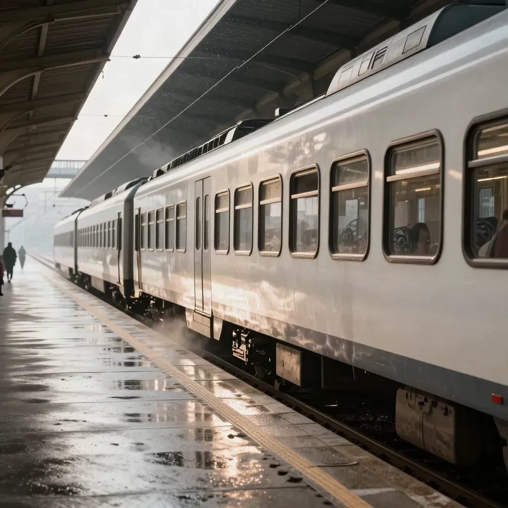 Treno regionale in arrivo alla stazione di Salerno su binari bagnati, con riflessi e vapore lieve