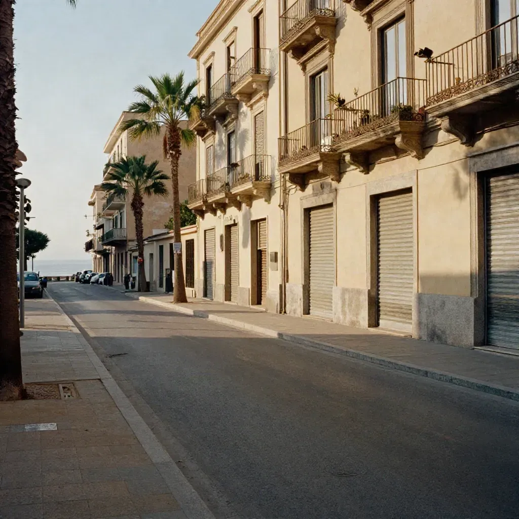 Viale di Pastena al sole basso, palme, balconi chiari e mare in fondo alla strada.