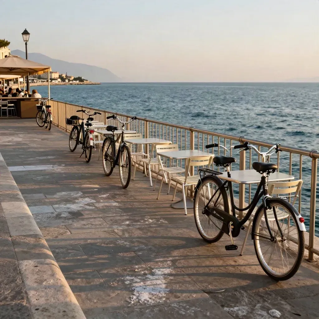 Biciclette sul lungomare di Salerno, tavolini chiusi e mare al tramonto.