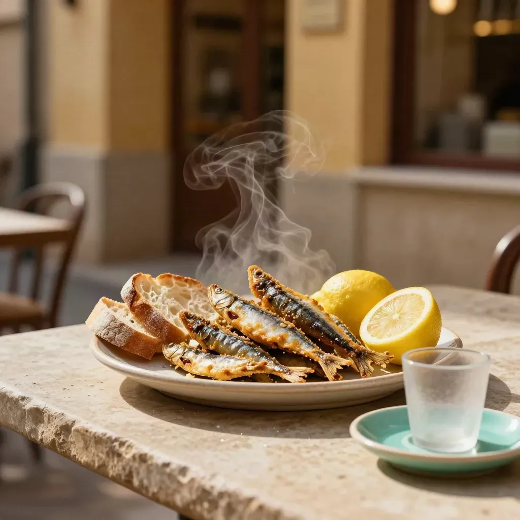 Alci fritte fumanti con pane rustico e limoni su tavolo in pietra vicino a una trattoria.