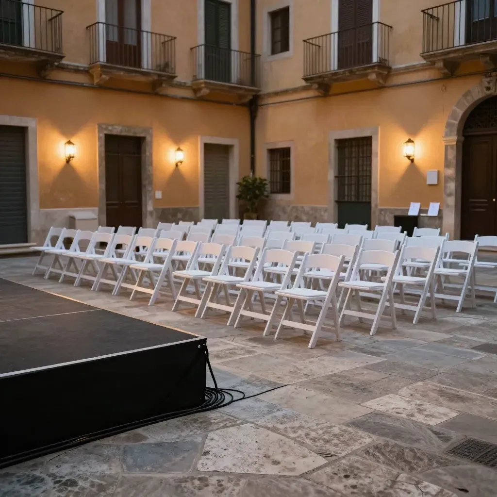 Cortile eventi con sedie allineate, pedana minima e luci calde al tramonto