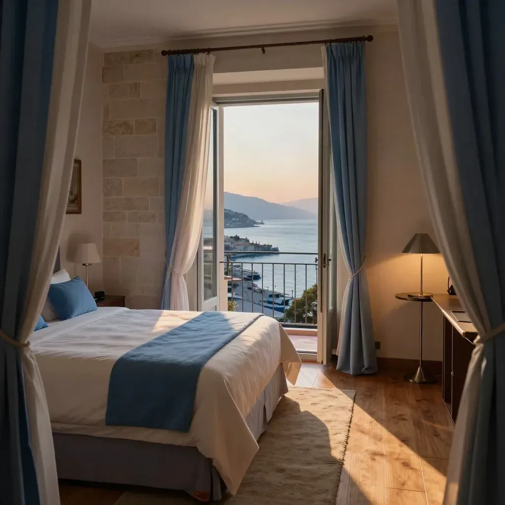 Camera d’hotel in centro con letto rifatto, valigia chiusa e balcone aperto sul porto al tramonto