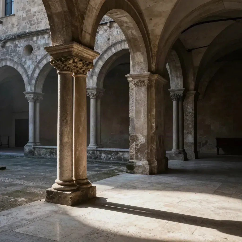 Chiostro in pietra al sole obliquo, con arco, colonna consumata e pavimento lucido in ombra