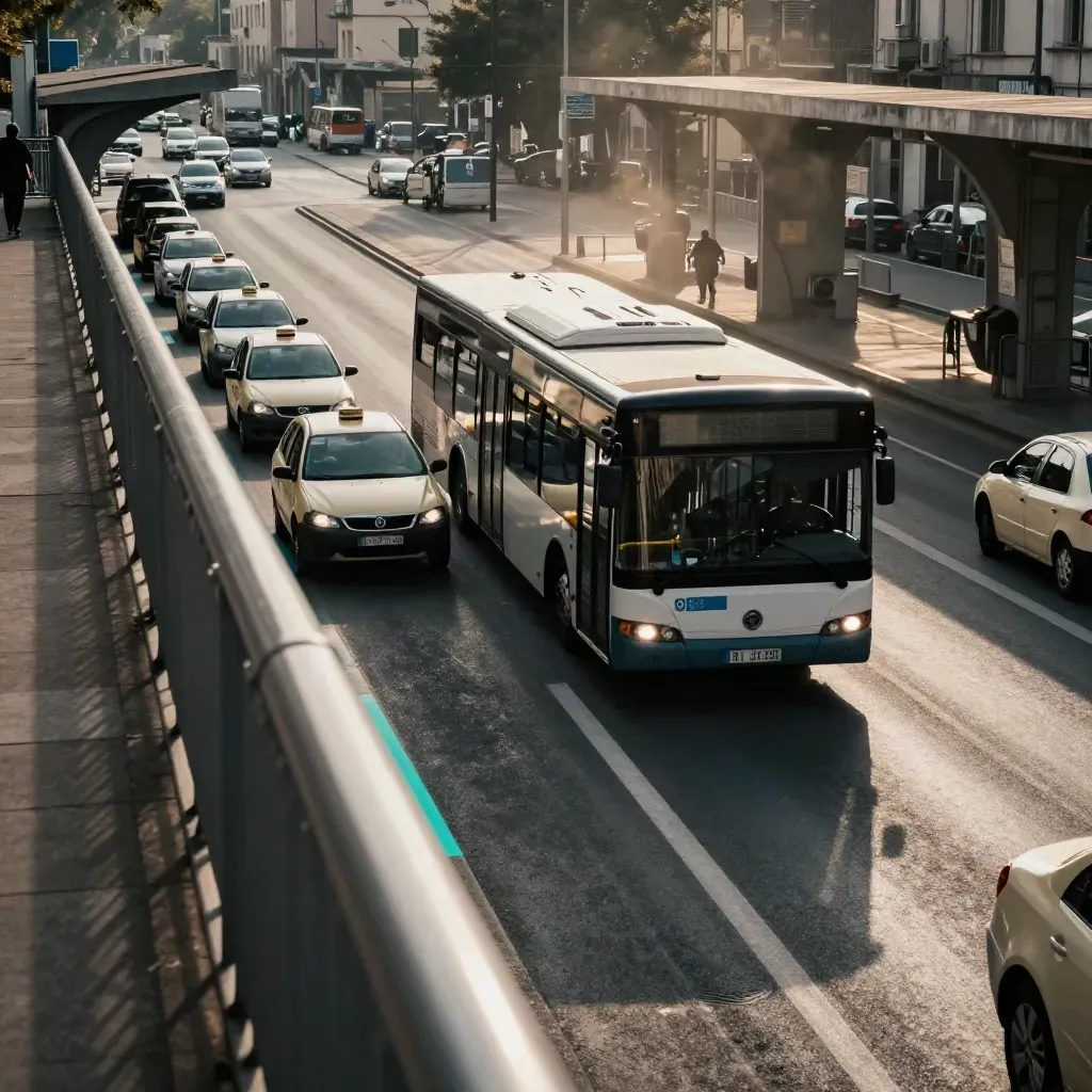 Nodo urbano a Salerno con autobus in uscita, taxi in coda e pensiline geometriche.