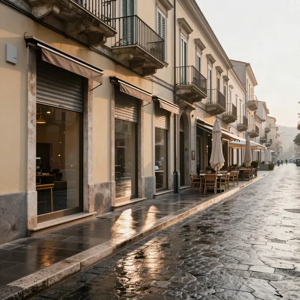Corso di Salerno all’alba, vetrine chiuse, pavé bagnato e facciate in prospettiva