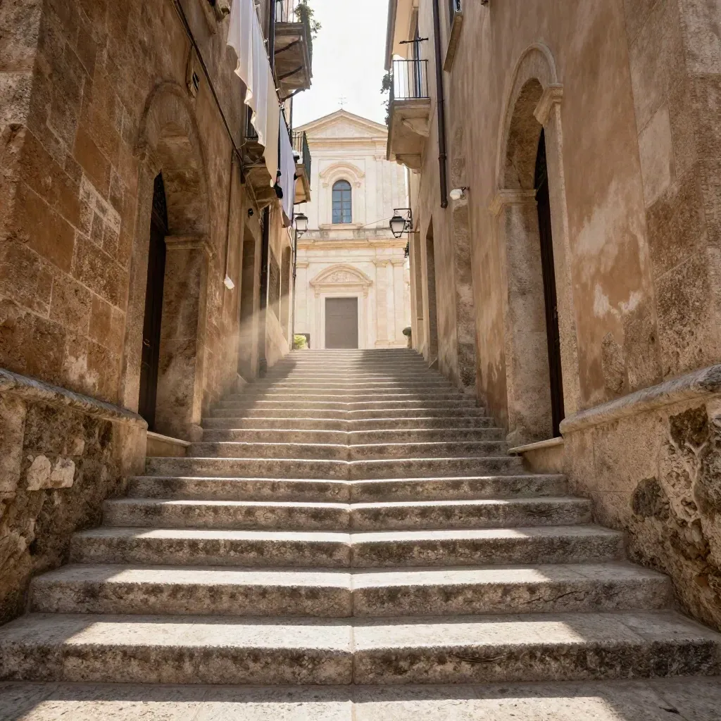 Vicolo storico di Salerno con scale in pietra, archi stretti e chiesa sfocata sul fondo.