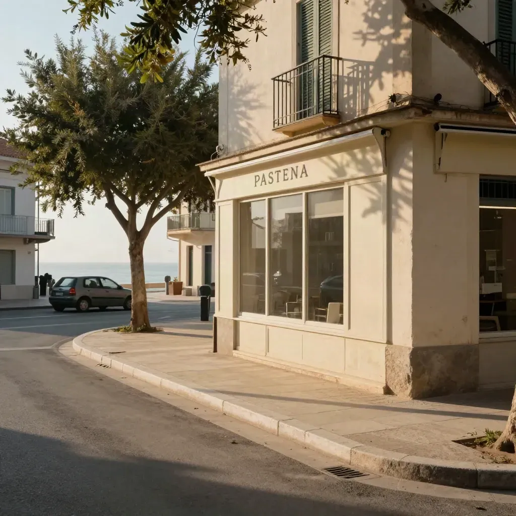 Boulevard residenziale di Pastena al mattino, con mare lontano, negozi chiusi e ombre lunghe.