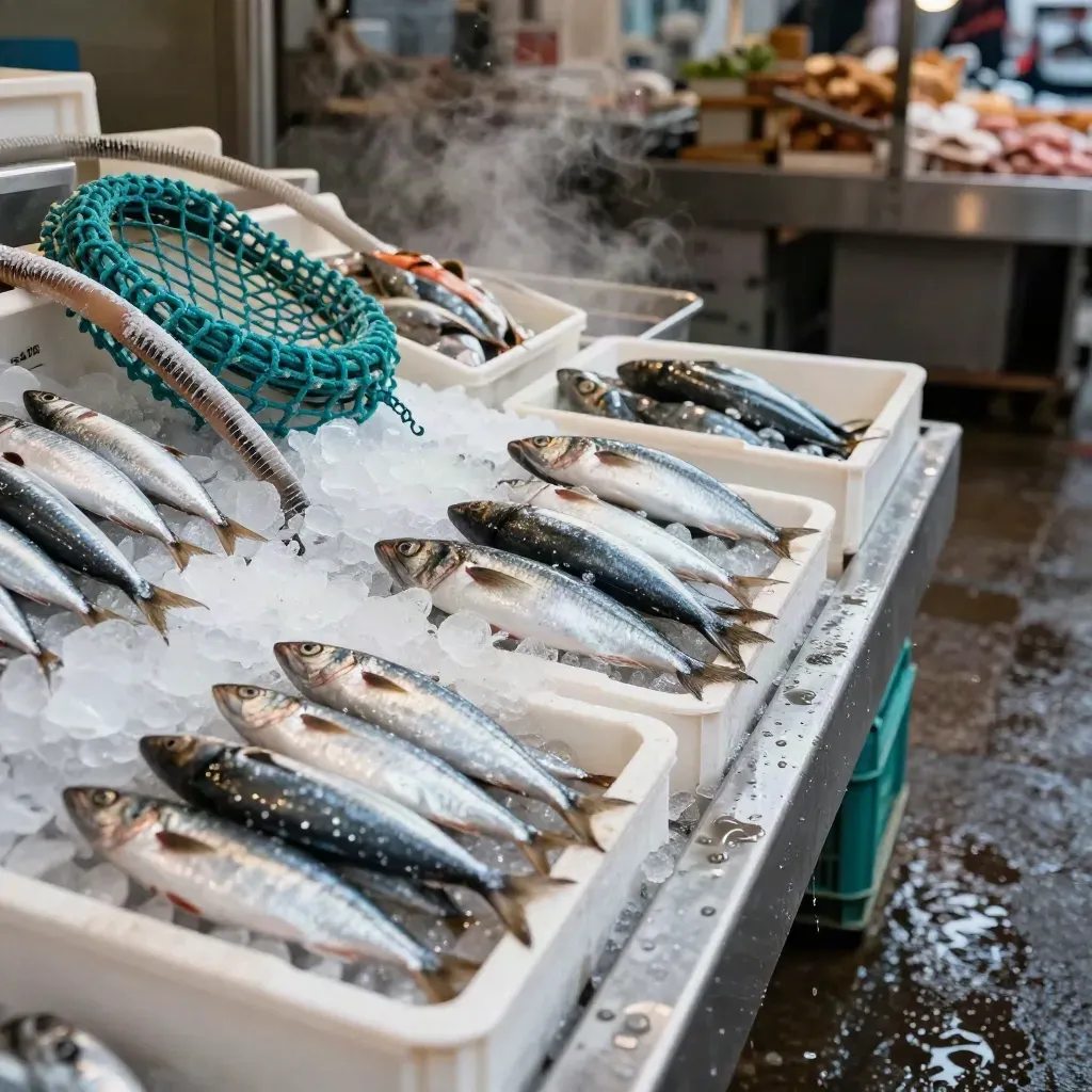 Banco del pesce con cassette bagnate, ghiaccio, reti e acqua che scorre sul metallo.