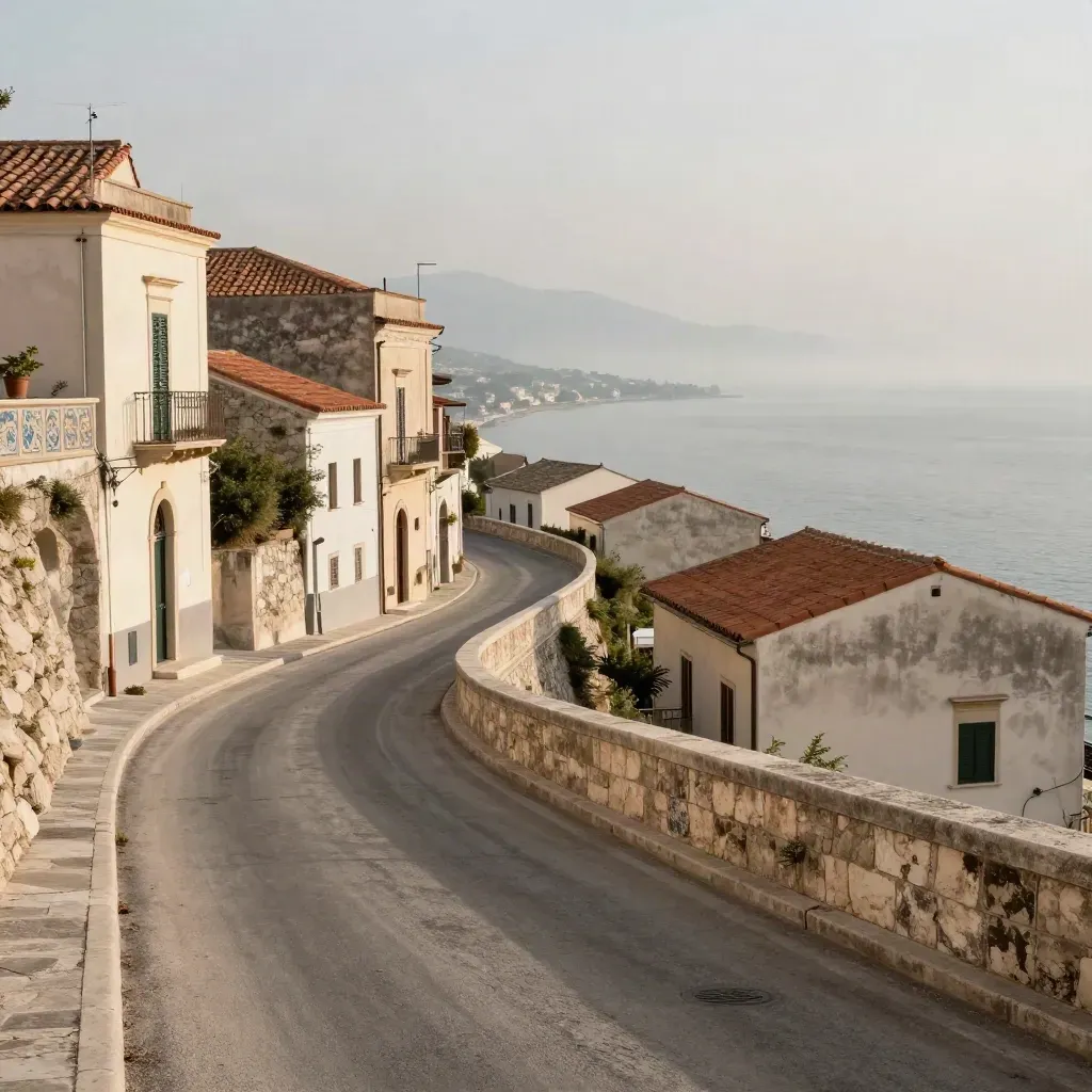 Strada panoramica verso Vietri con case a terrazze e mare aperto in luce mediterranea.