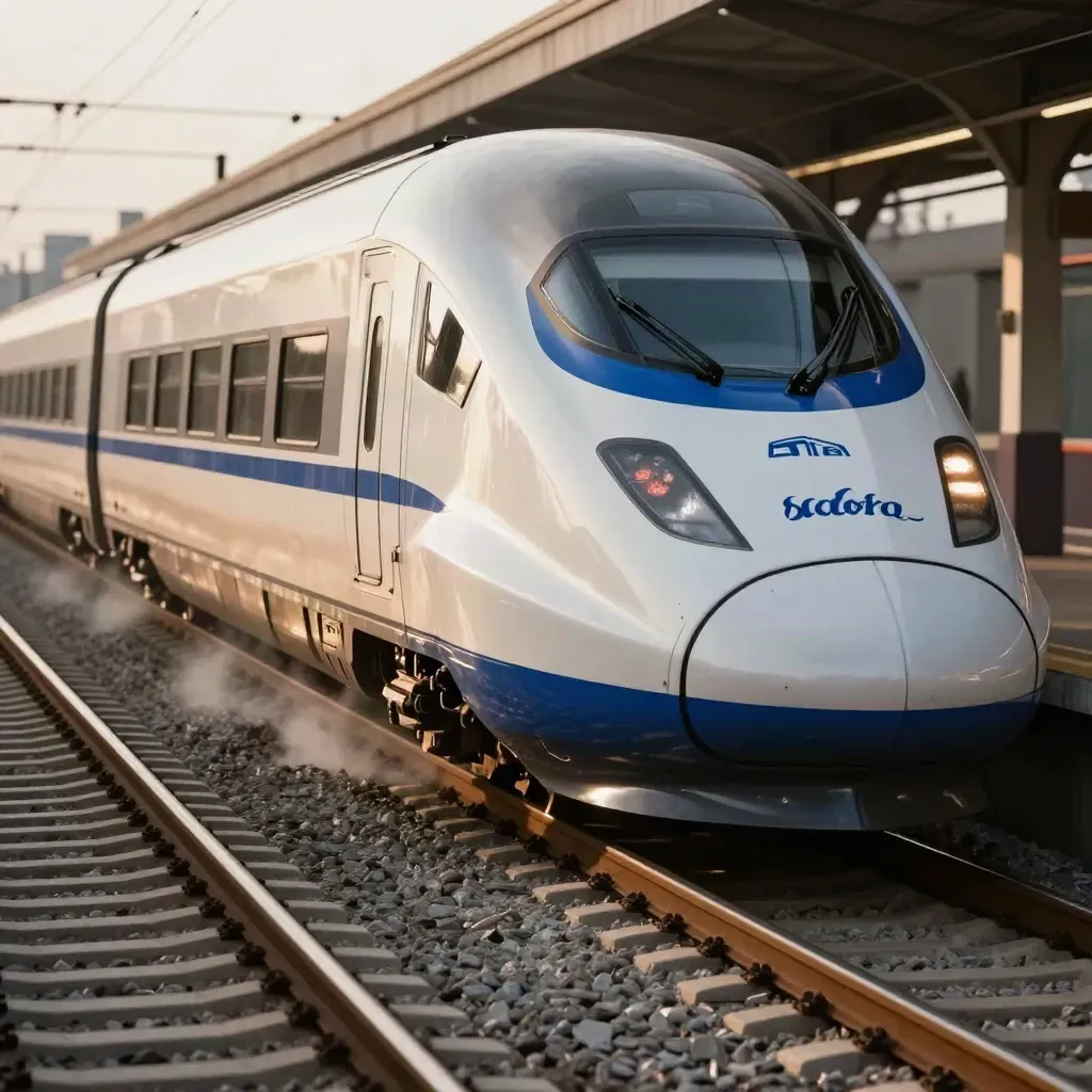 Treno alta velocità in partenza da Salerno con binari lucidi e vapore leggero