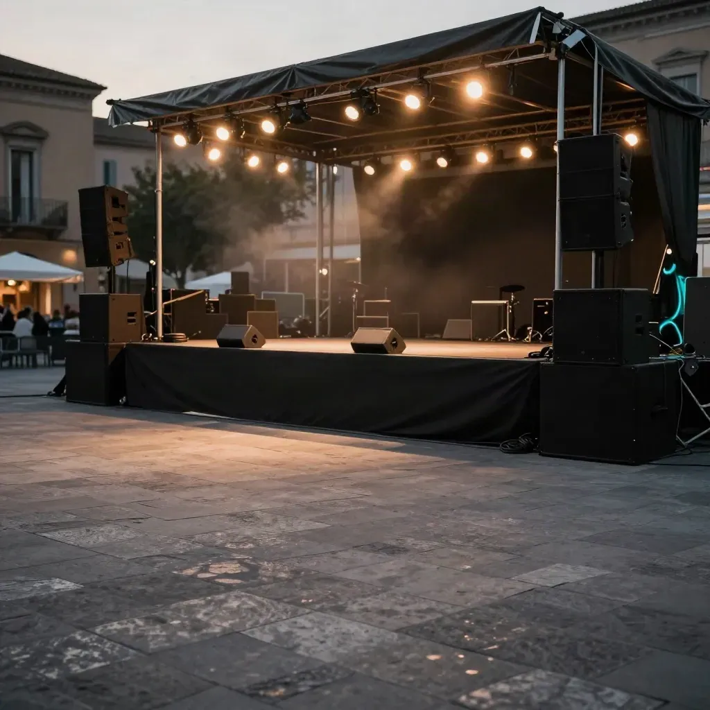 Palco serale per eventi in piazza a Salerno, con luci sospese e casse nere.