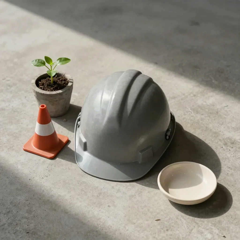 Casco da cantiere, mini cono, piantina e ciotola su cemento grezzo