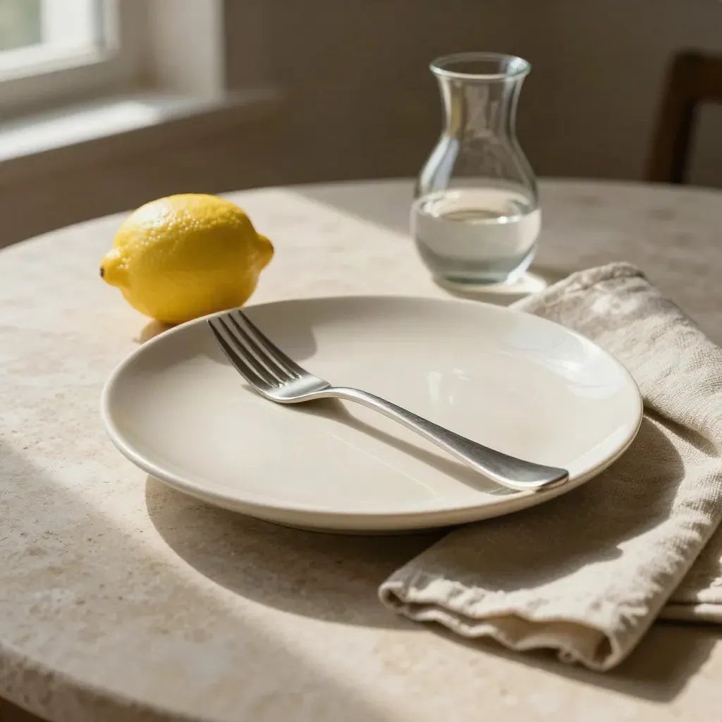 Piatto in ceramica con limone, forchetta, lino e caraffa su pietra chiara