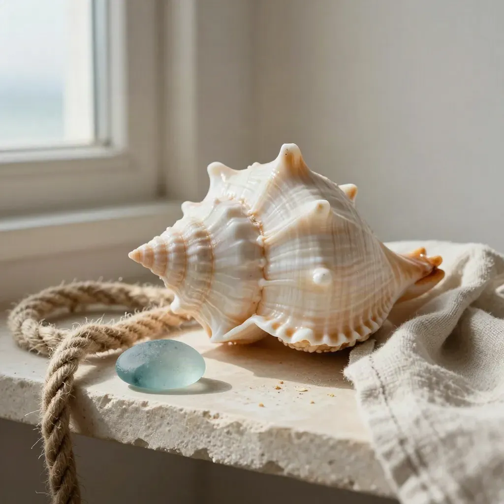 Conchiglia, corda grezza, vetro di mare e lino su mensola in pietra, luce morbida.