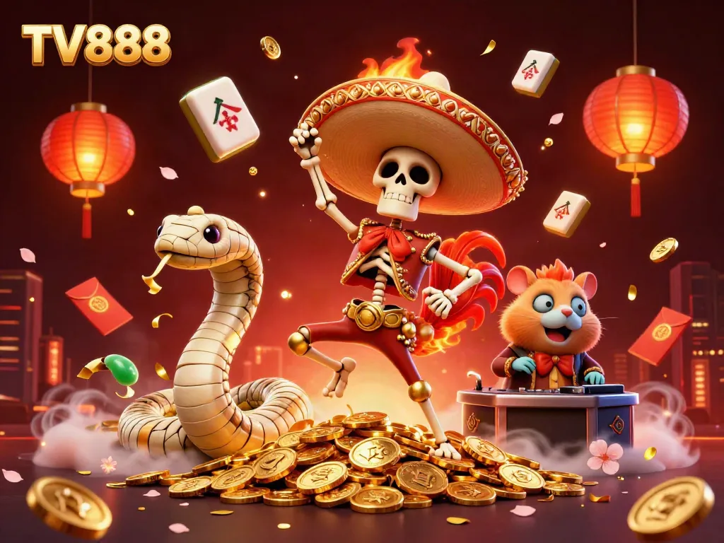 Experience the excitement of TV888 with vibrant characters in a 3D casino illustration celebrating winning moments.