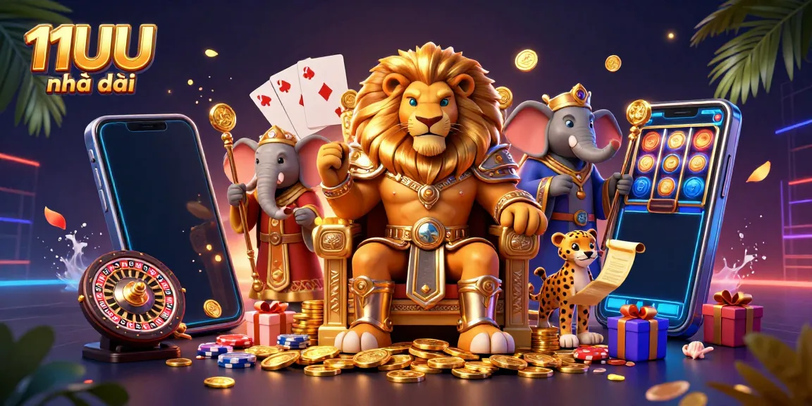 Experience thrilling gaming with 11UU nhà cái featuring a vibrant casino scene of the lion king and energetic characters.