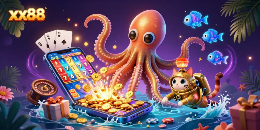 Experience the xx88 thrill with a colossal kraken, diving cat, and slot game elements in a vibrant ocean scene
