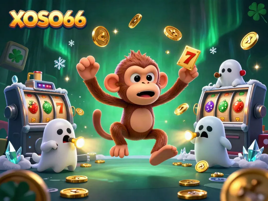 Engage with XOSO66's thrilling slots as a playful poltergeist monkey juggles coins in a haunted casino.
