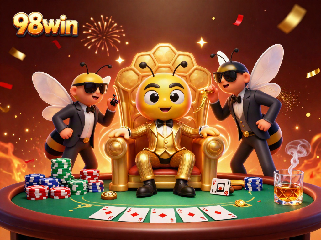 Experience the thrilling atmosphere of 98win as players engage around a vibrant poker table surrounded by colorful chips.